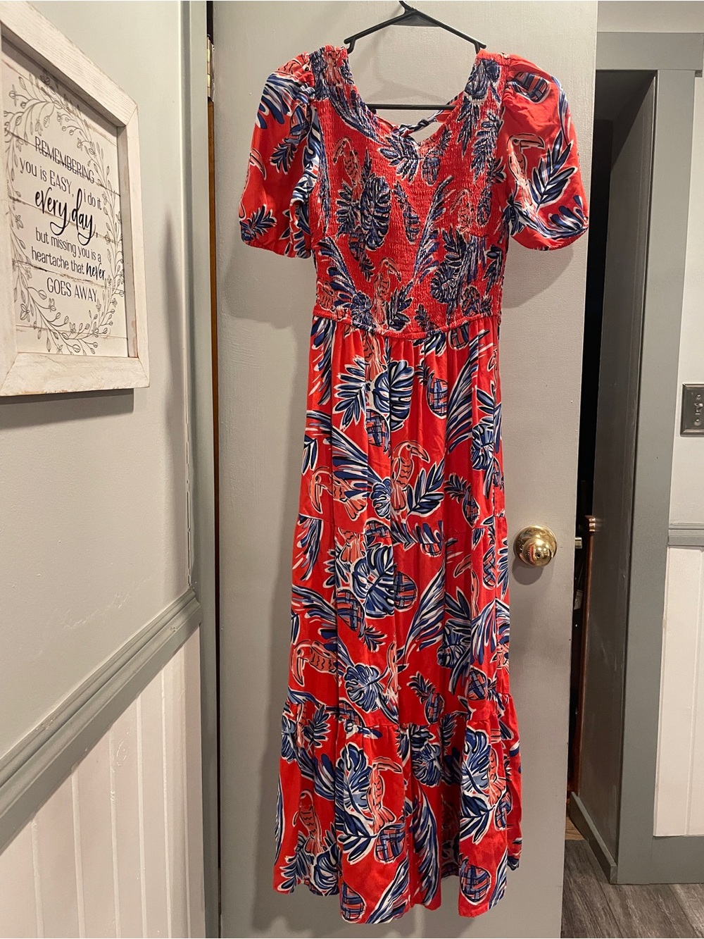Sincerely Jules Smocked Waist  Red Tropical Maxi Dress with Puff Sleeves size S